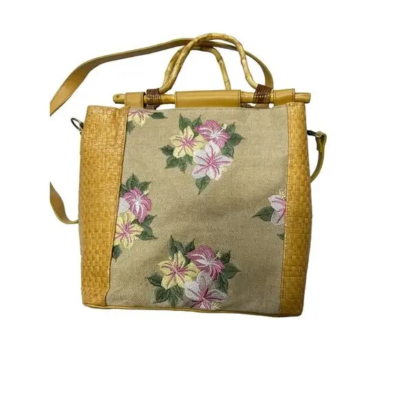 Unbranded medium sized yellow tropical floral and bamboo purse w shoulder strap - Picture 3 of 5
